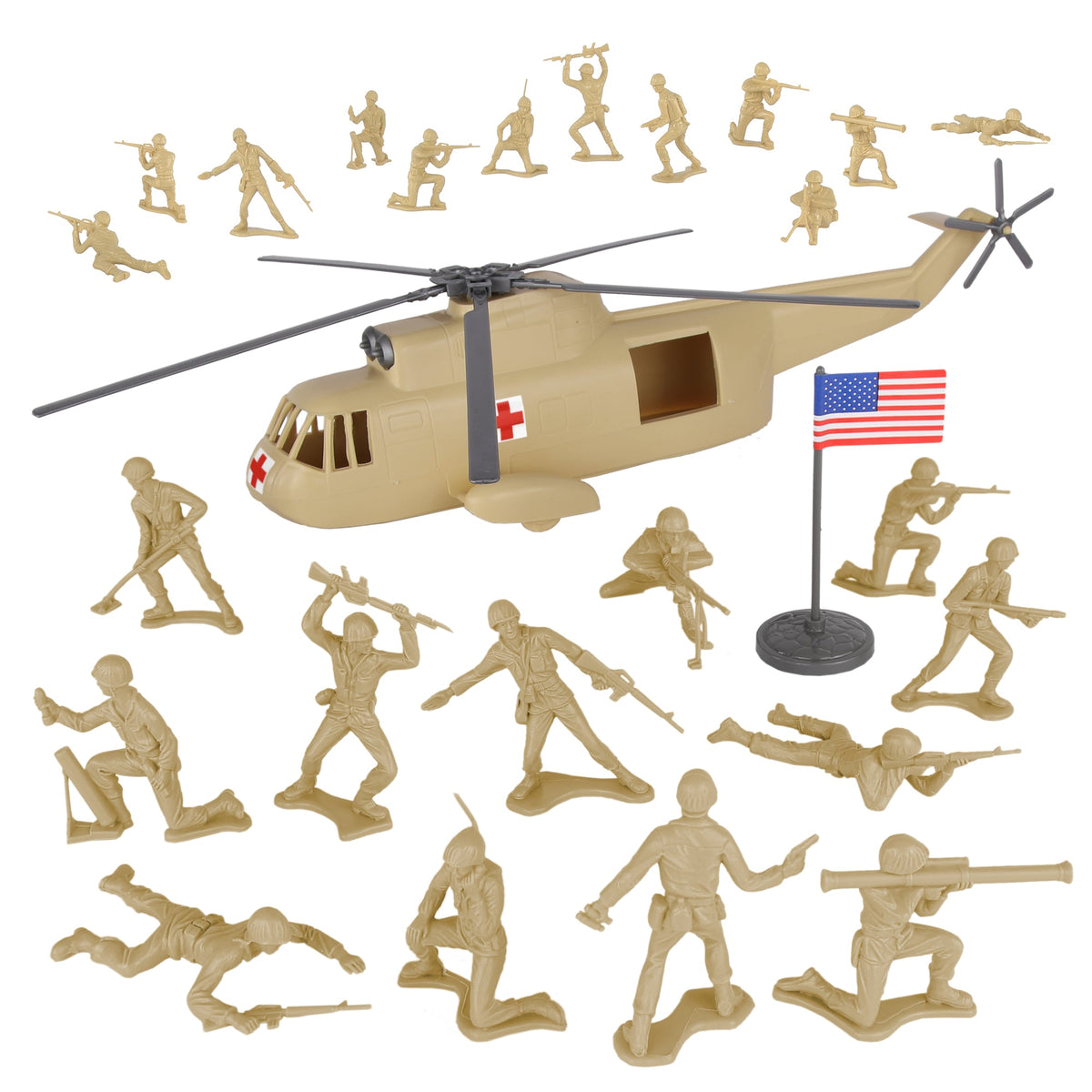 TimMee Plastic Army Men Helicopter Playset Tan 26pc USA Made